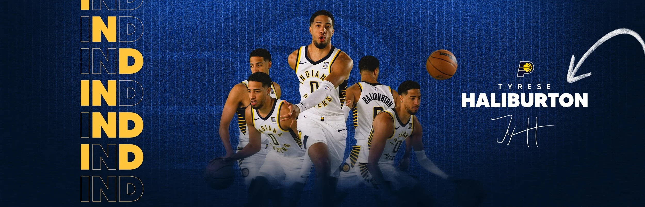 Collage of basketball player with Indiana Pacers branding, "IND" repeated vertically, player in multiple action poses, name "Tyrese Haliburton" and signature, blue background.