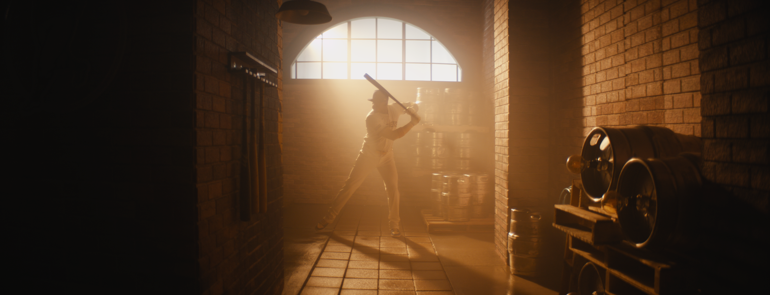 Person swinging a baseball bat in a brick-walled brewery cellar with barrels and equipment, illuminated by sunlight through a window.