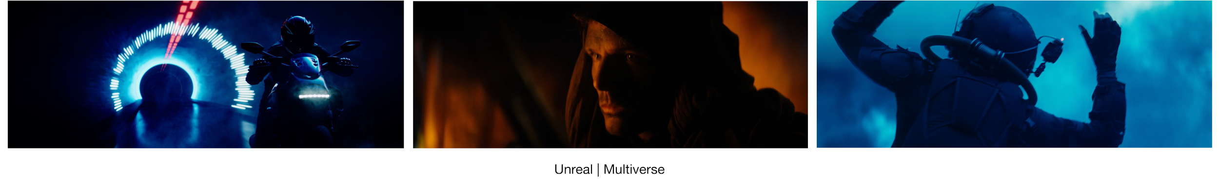 A motorcycle with neon lights, a person with long hair in a dark hoodie, and a scuba diver in a blue underwater scene.