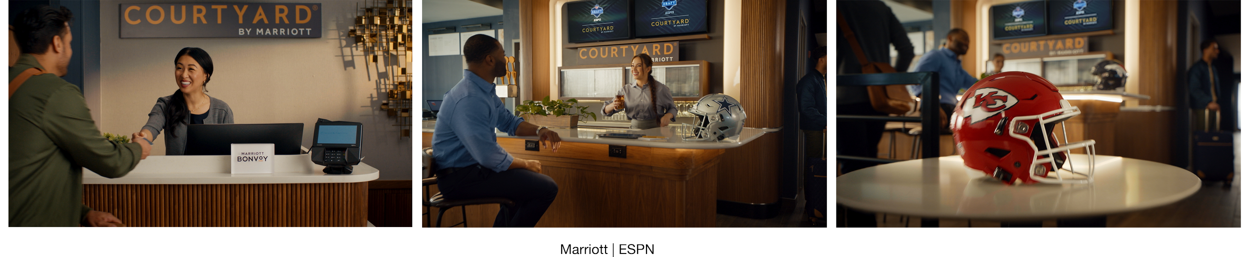 Inside a Marriott Courtyard hotel with staff and guests. The first image shows a woman at the check-in counter with a guest shaking hands. The second image features a man sitting at a bar with a woman serving drinks and NFL helmets displayed on the counter. The third image shows a table with a Kansas City Chiefs football helmet, with people and the hotel lobby in the background.