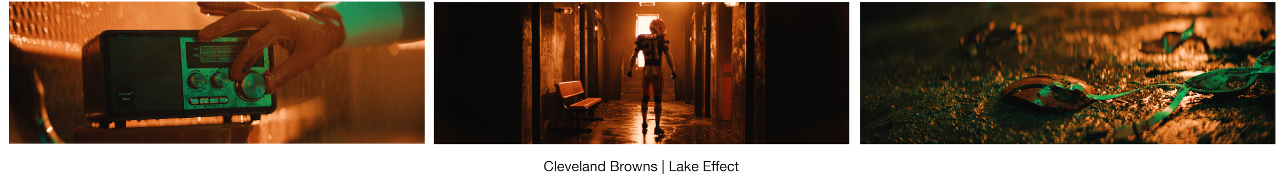 Three images: the first shows a person's hand adjusting a radio in a dimly lit environment; the second depicts an American football player walking through a hallway with wet floors and orange lighting; the third displays a muddy baseball glove and ball on the ground with a green ribbon.