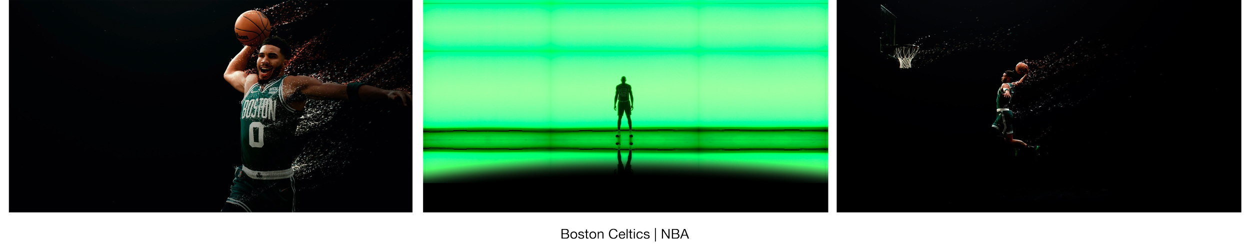Three images of basketball players from the Boston Celtics, with the middle image showing a silhouette of a player standing in front of a green-lit background, and the other two images showing a player dunking and shooting basketballs.