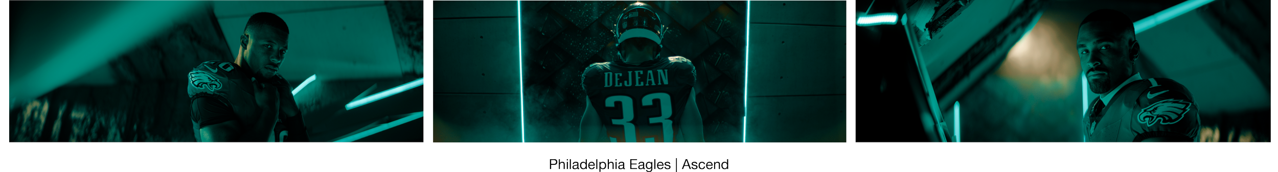 Three images of men in Philadelphia Eagles football jerseys in a dark tunnel with blue neon lighting.
