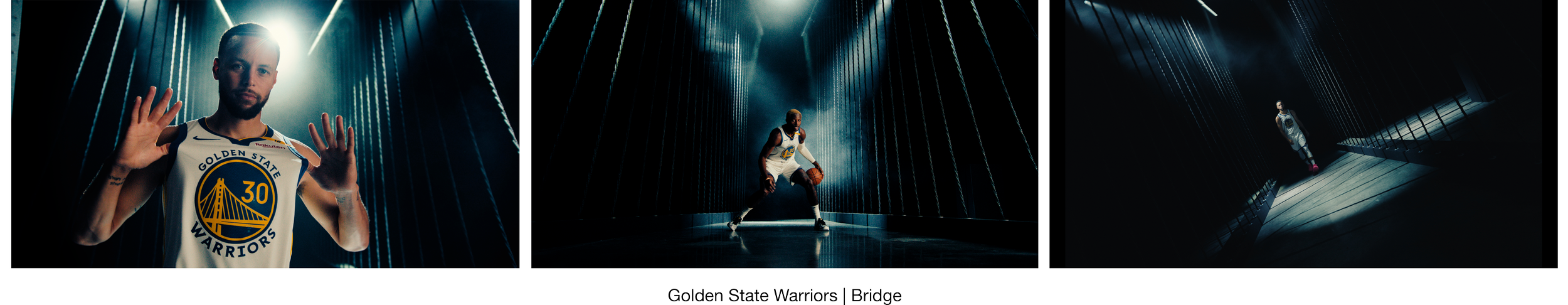 Three images of Golden State Warriors basketball players in a dark, dramatic setting with blue hues and light beams resembling a bridge, featuring a player holding a basketball, another dribbling, and a third walking.
