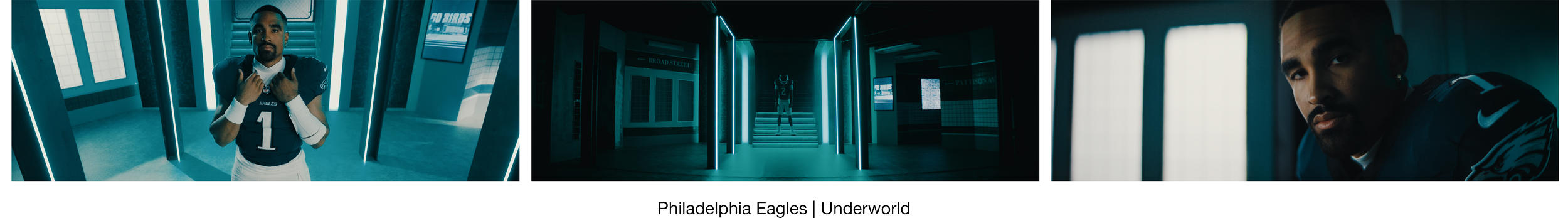 A composite image of a football player in a Philadelphia Eagles uniform in a futuristic hallway with neon lighting, and a close-up of his face in a stadium tunnel.