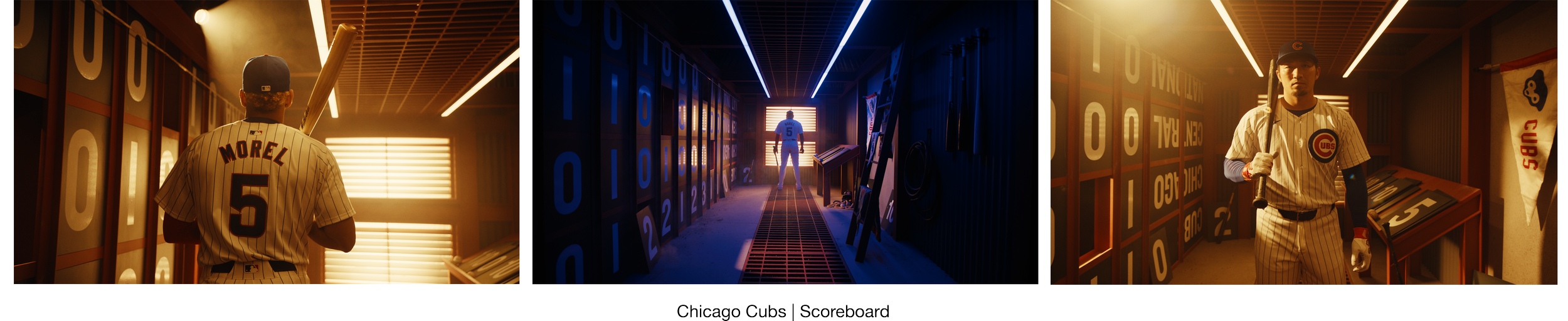 Three images of Chicago Cubs baseball memorabilia and locker room. The first shows a man in a Cubs uniform with the name Morel and number 5, viewed from the back. The second depicts a hallway with blue lighting, displaying the number 0, 1, and 2 on the left wall and a person in a Cubs uniform at the end of the hallway. The third shows a young man in a Cubs uniform holding a bat, standing in front of a wall with the number 5 and other memorabilia, with the Cubs logo visible.