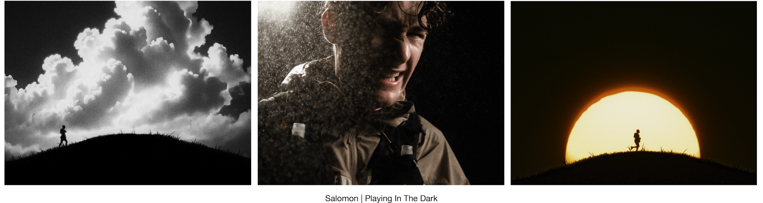 A composite image with three sections. The first section shows a silhouette of a person running on a hill against a cloudy sky in black and white. The middle section features a person smiling and splashing water or snow on their face in the dark, with water particles illuminated around them. The third section depicts a person running on a hill silhouetted against a large, glowing sunset or sunrise.