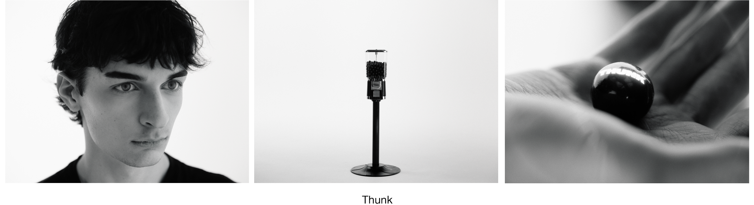 A collage of three black and white photos. The first shows a young man with dark, curly hair looking to the side. The second depicts a vintage gumball machine filled with black gumballs. The third is a close-up of a person's hand holding a black Thunk brand marbled marble.