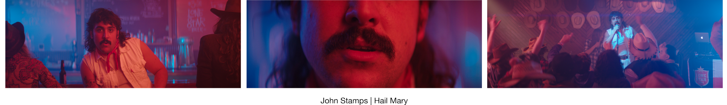 Multiple scenes from a bar or club. The first scene shows a man with long hair and a mustache sitting at the bar, wearing a sleeveless shirt. The middle scene is a close-up of a man's mouth and mustache. The third scene shows a performer singing on stage with a microphone, audience members in cowboy hats, and a DJ in the background.