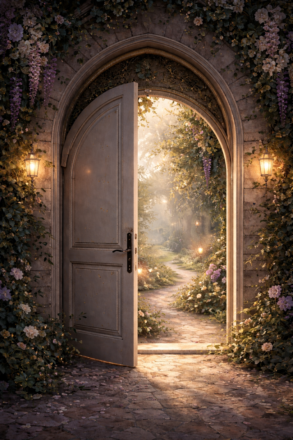 Open wooden arched door with flowers and lanterns, leading to a sunlit garden path with flowering plants and trees.