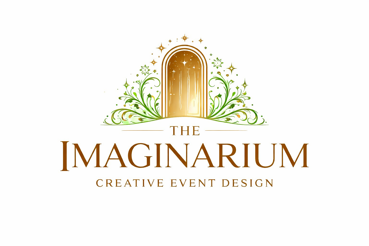 Logo for The Imaginarium, featuring a golden door with sparkling stars and green decorative swirls, with the text 'The Imaginarium Creative Event Design' underneath.