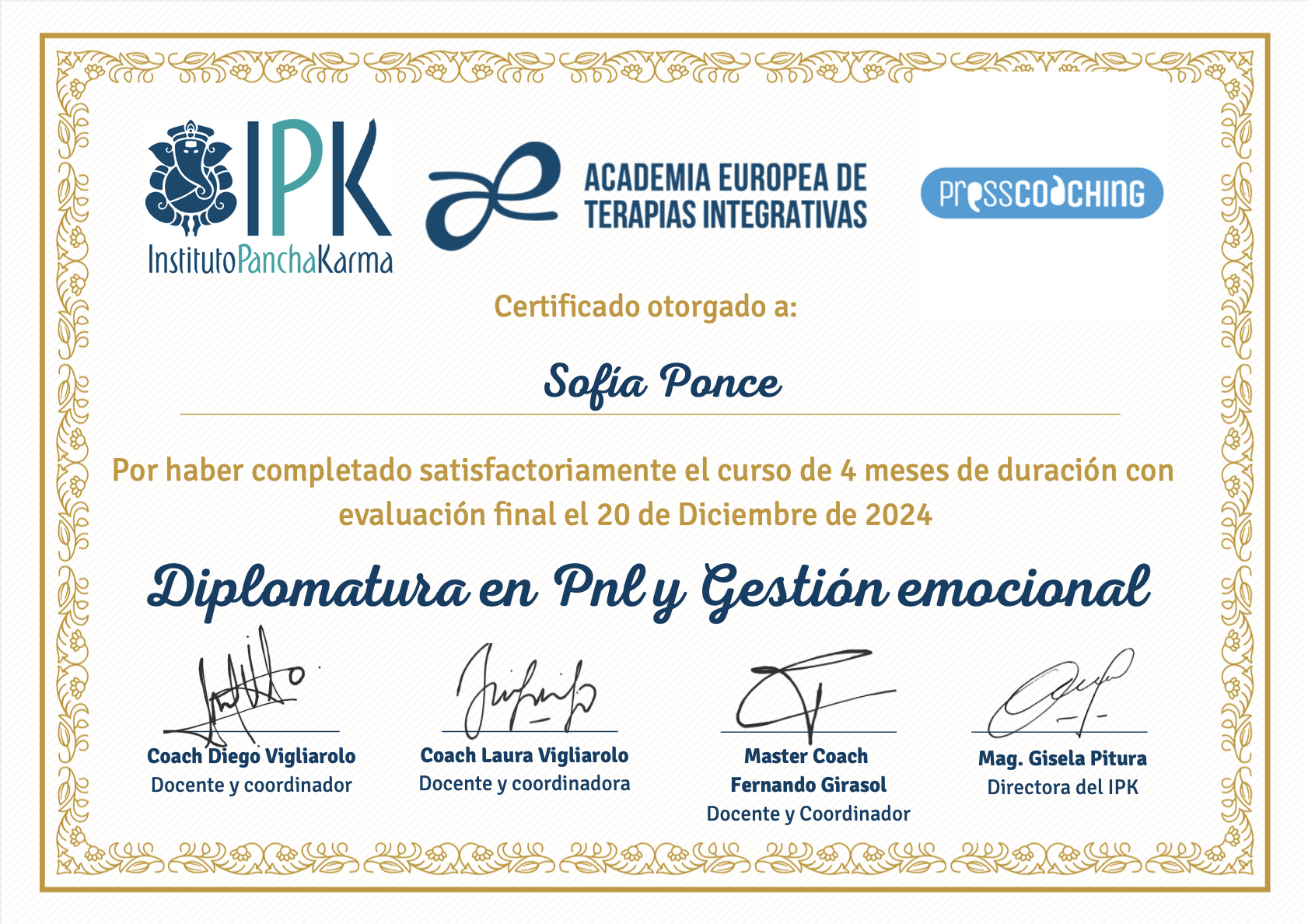 CERTIFICADO EN PNL Y GESTIÓN EMOCIONAL - INSTITUTO PANCHAKARMA