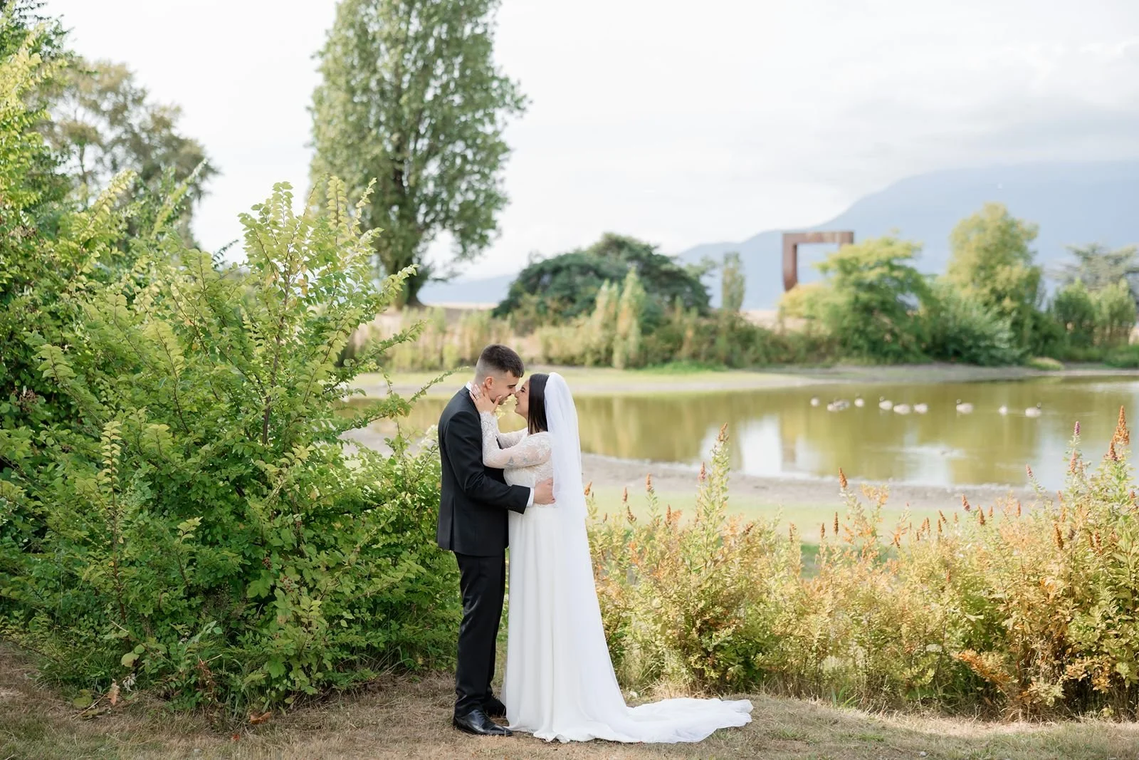  Bride and groom sharing a quiet moment at their Museum of Vancouver wedding 