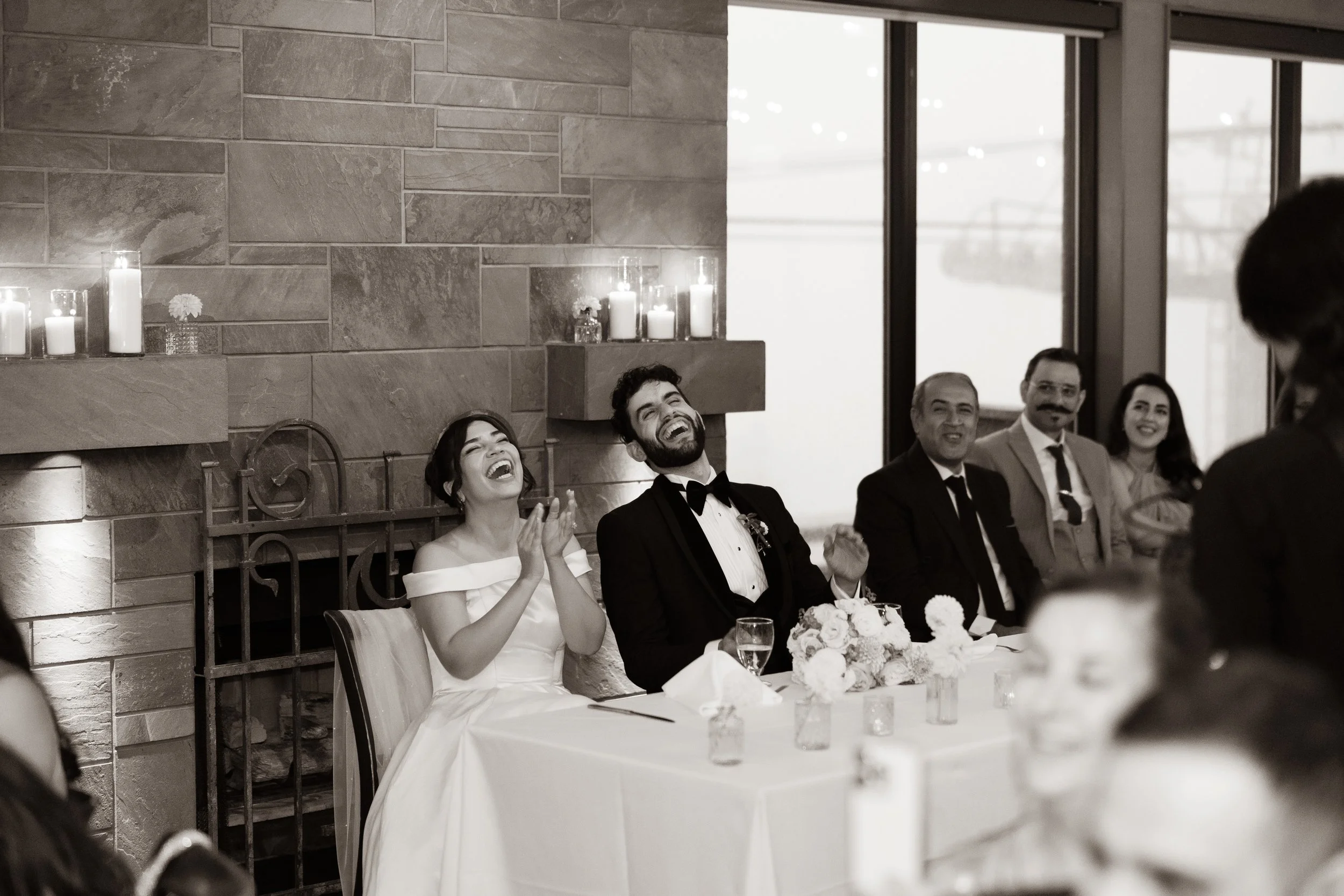 wedding reception, laughing and having a good time, documenting candidly