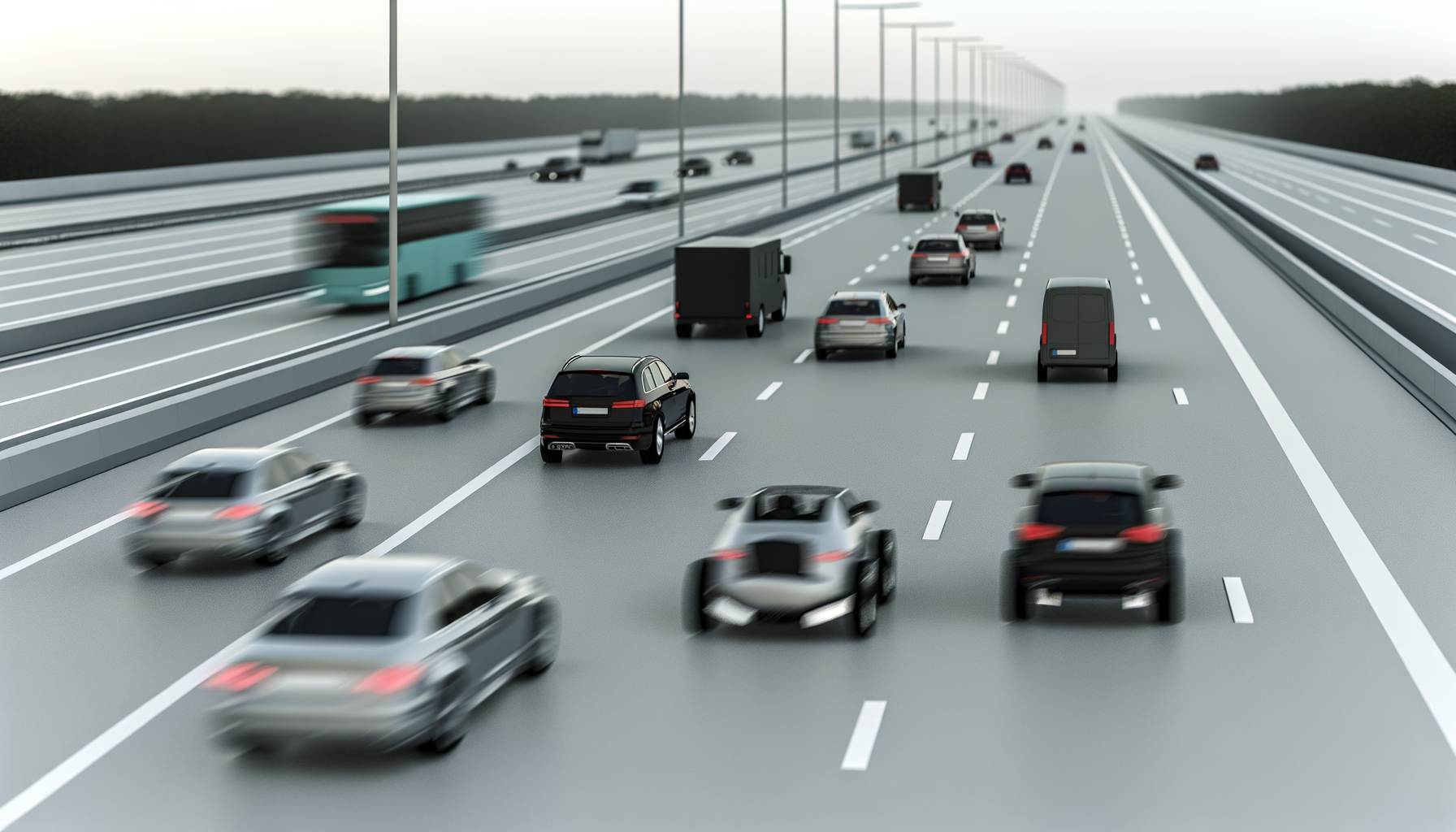 Multiple cars and trucks driving on a multi-lane highway, with some vehicles appearing blurred due to motion. There are streetlights along the highway and a landscape with trees in the background.