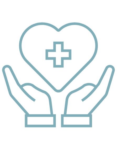 Outline of two hands holding a heart with a medical cross inside the heart.
