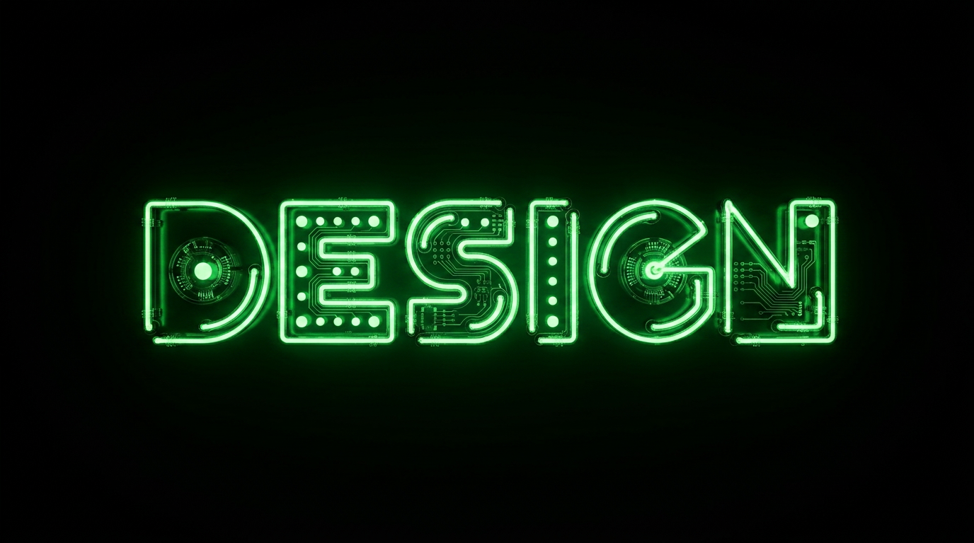 Green neon sign spelling 'DESIGN' on a black background.