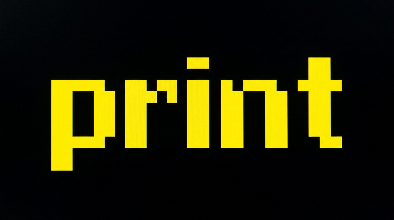 Pixelated yellow text on black background says 'print'