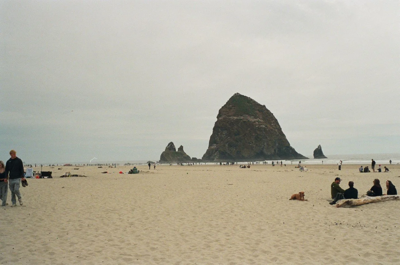 People on a sandy beach with large rock formations in the water and overcast sky.