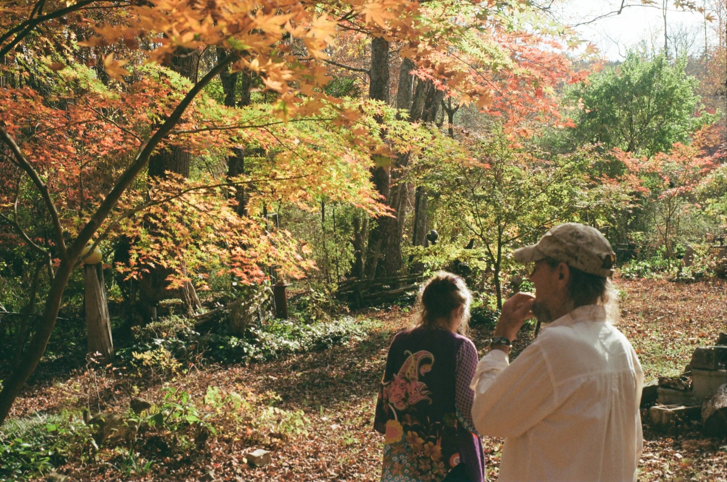 Two people, a woman and a man, stand in a wooded area during fall. The woman has her back to the camera, and the man, wearing a cap and sunglasses, is in profile. The scene is illuminated by sunlight with colorful autumn leaves on trees.