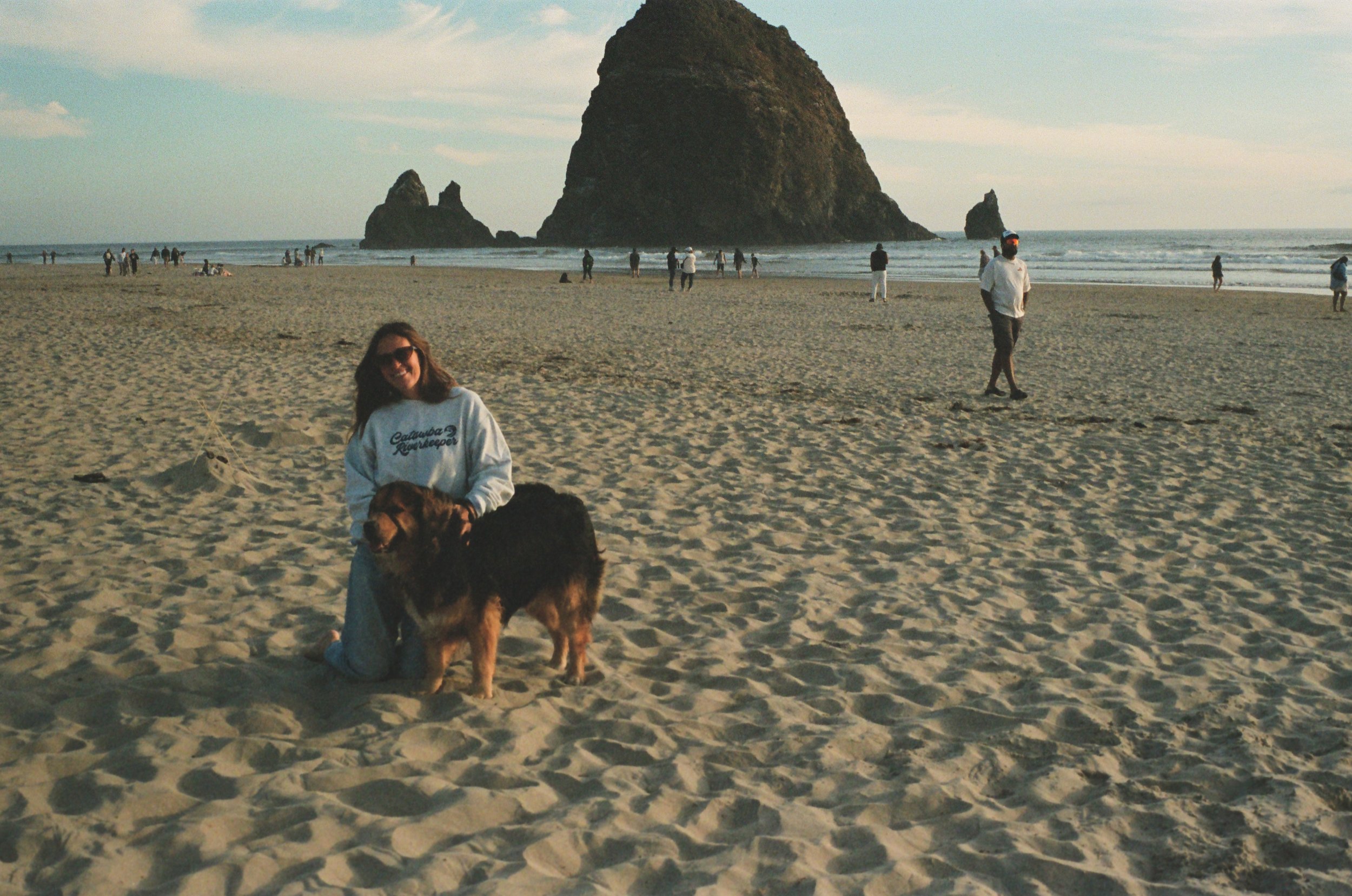 A woman kneeling with a dog on a sandy beach, with a large rock formation in the ocean in the background. Several people are walking along the shoreline and on the sand.