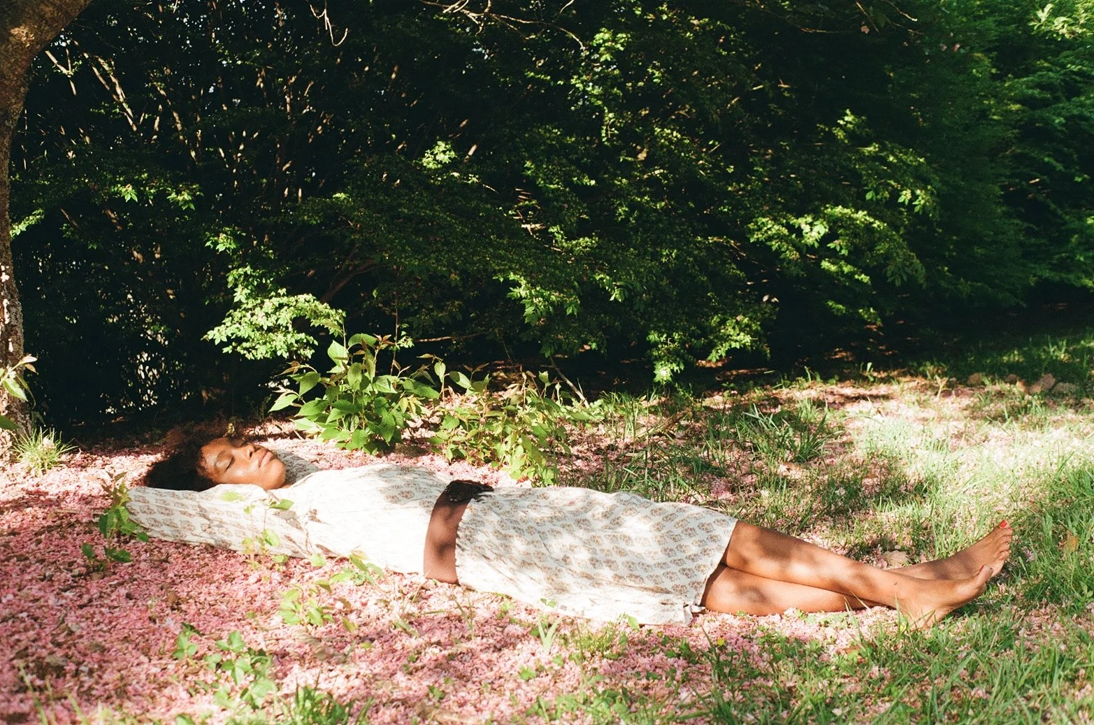 A woman with curly hair sleeping peacefully outdoors on a bed of pink flower petals, with her head resting on a pillow and her body stretched out on the ground amidst green grass and leafy plants, shaded by nearby trees.