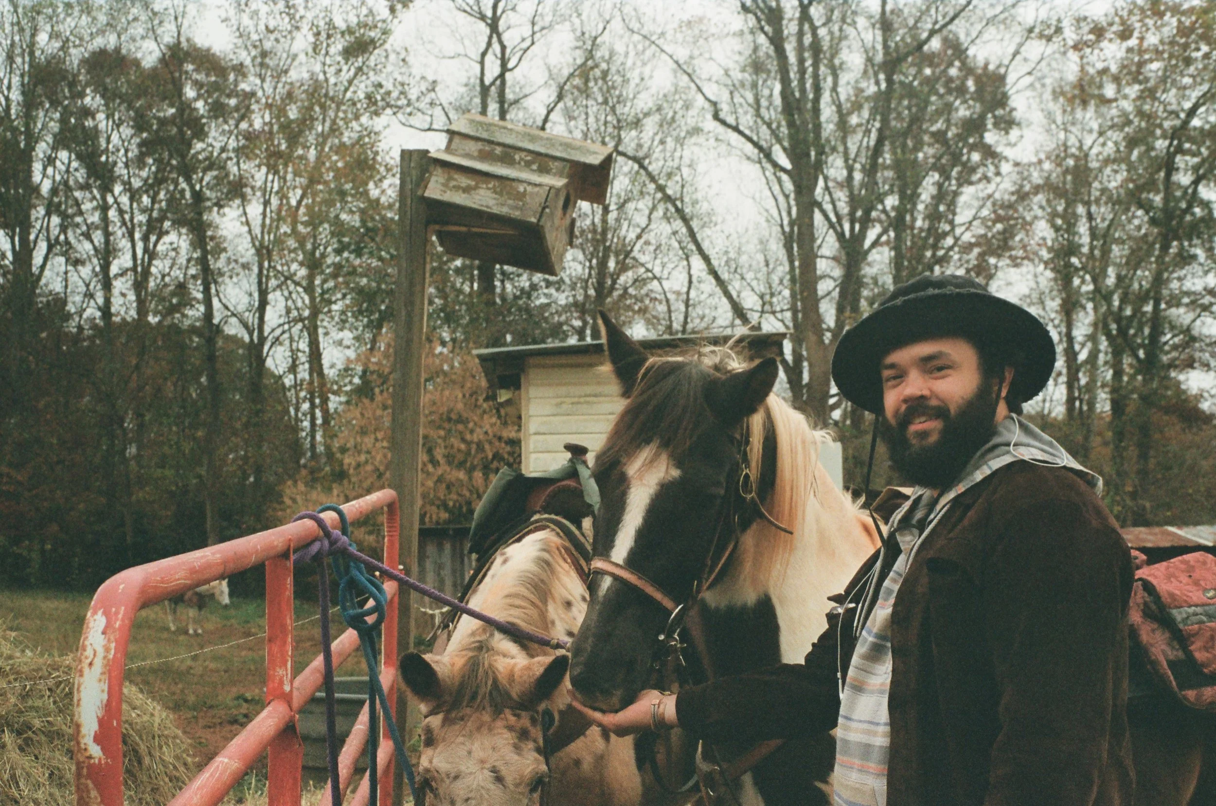 A man with a beard and a black hat smiling while petting a horse's nose. The horse is tied to a red gate and has a light-colored mane with black patches. The background features trees with autumn foliage.