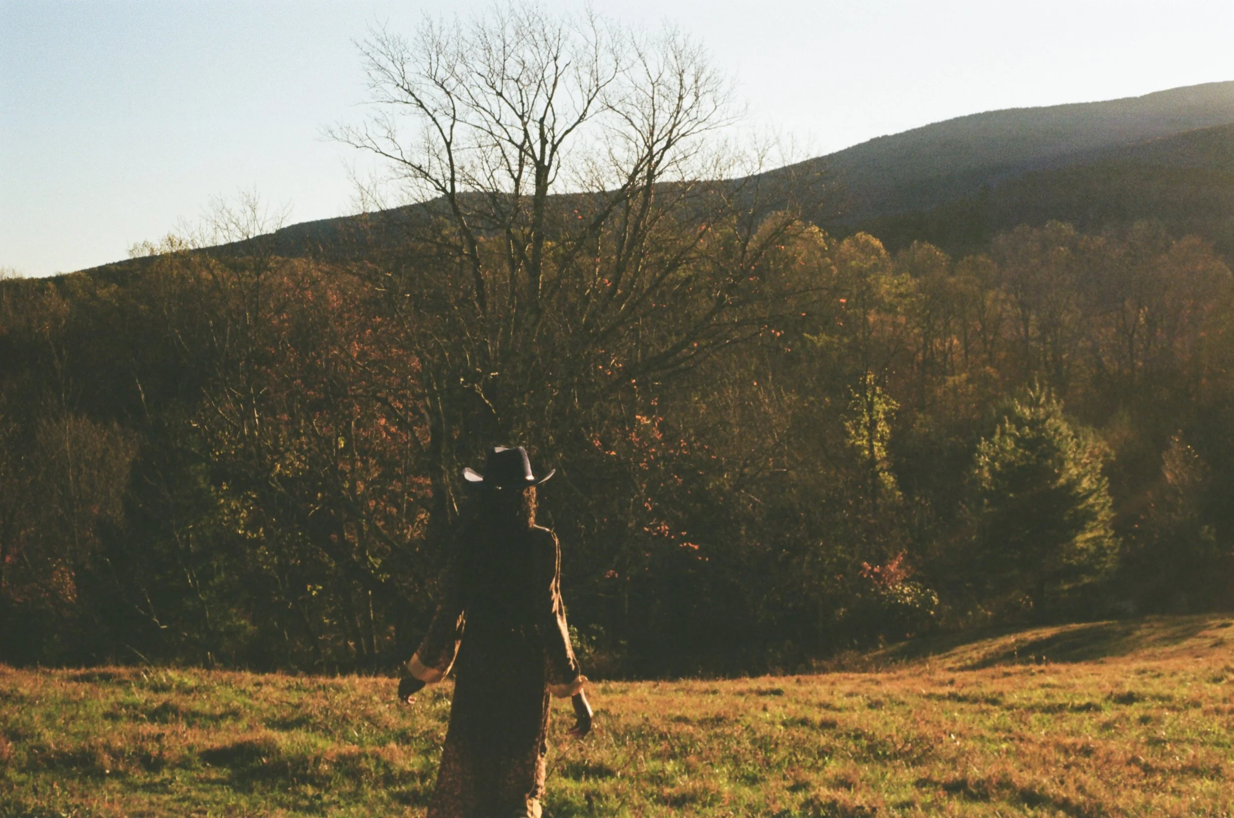 Person wearing a hat standing in a field during sunset with mountain and trees in the background.