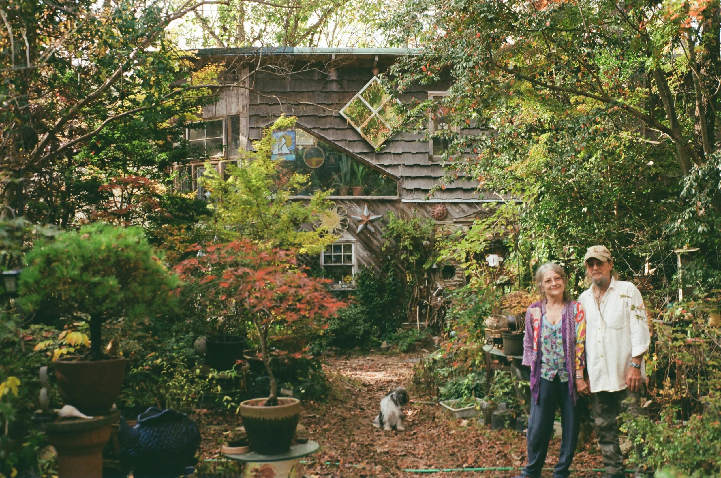 An elderly couple standing in a lush, overgrown garden with a rustic wooden house in the background. The woman has gray curly hair and wears a colorful jacket, while the man wears a cap and sunglasses. There is a small dog sitting nearby on the groun