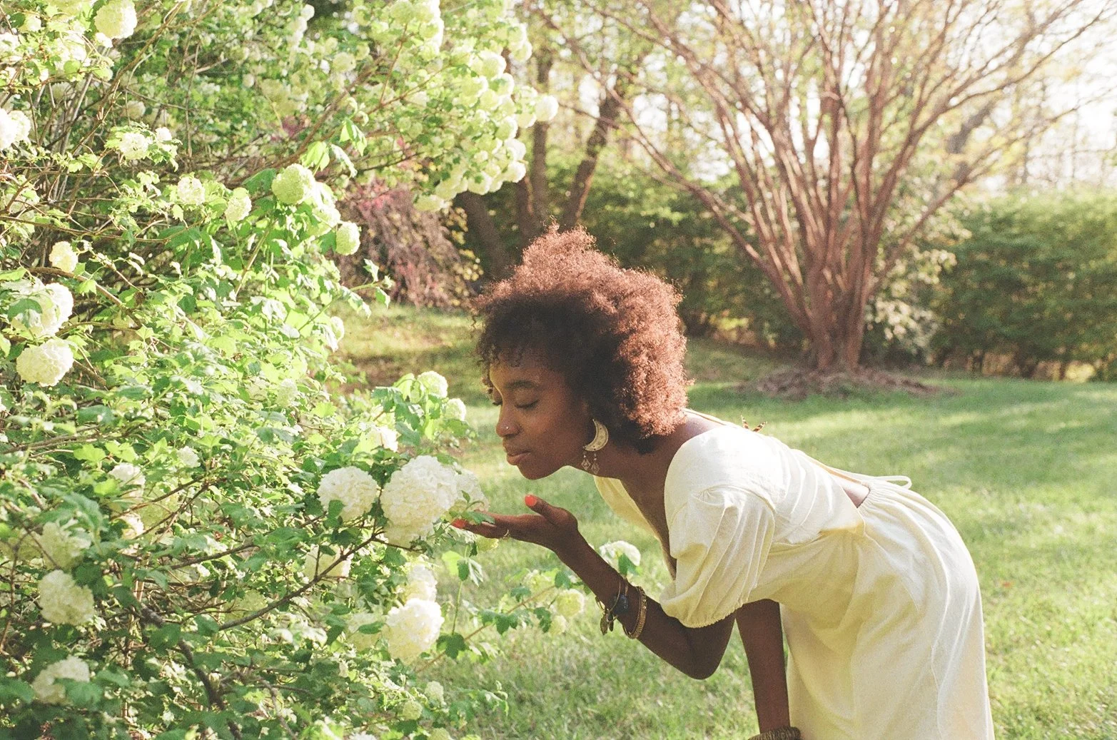 A woman with curly hair in a yellow dress smelling white hydrangea flowers in a garden during daytime.