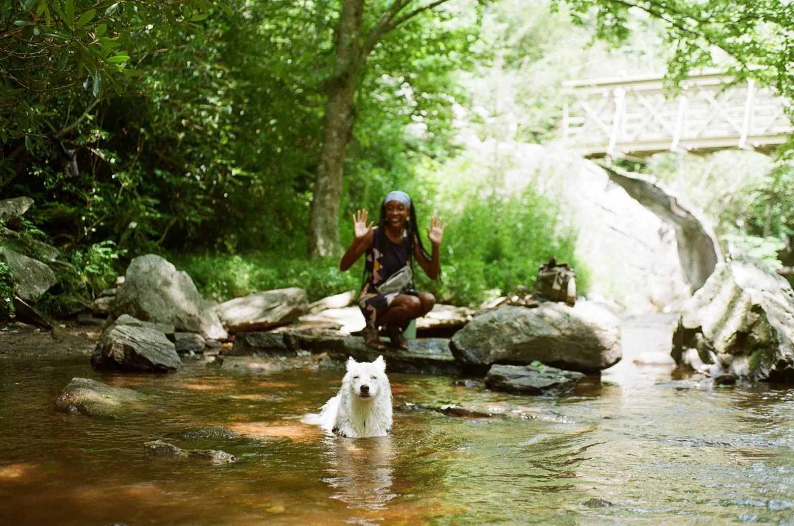 A person with a headscarf squatting in a shallow stream, smiling and waving, with a small white dog in the water. The scene is in a lush, green forest with rocks, trees, and a bridge in the background.