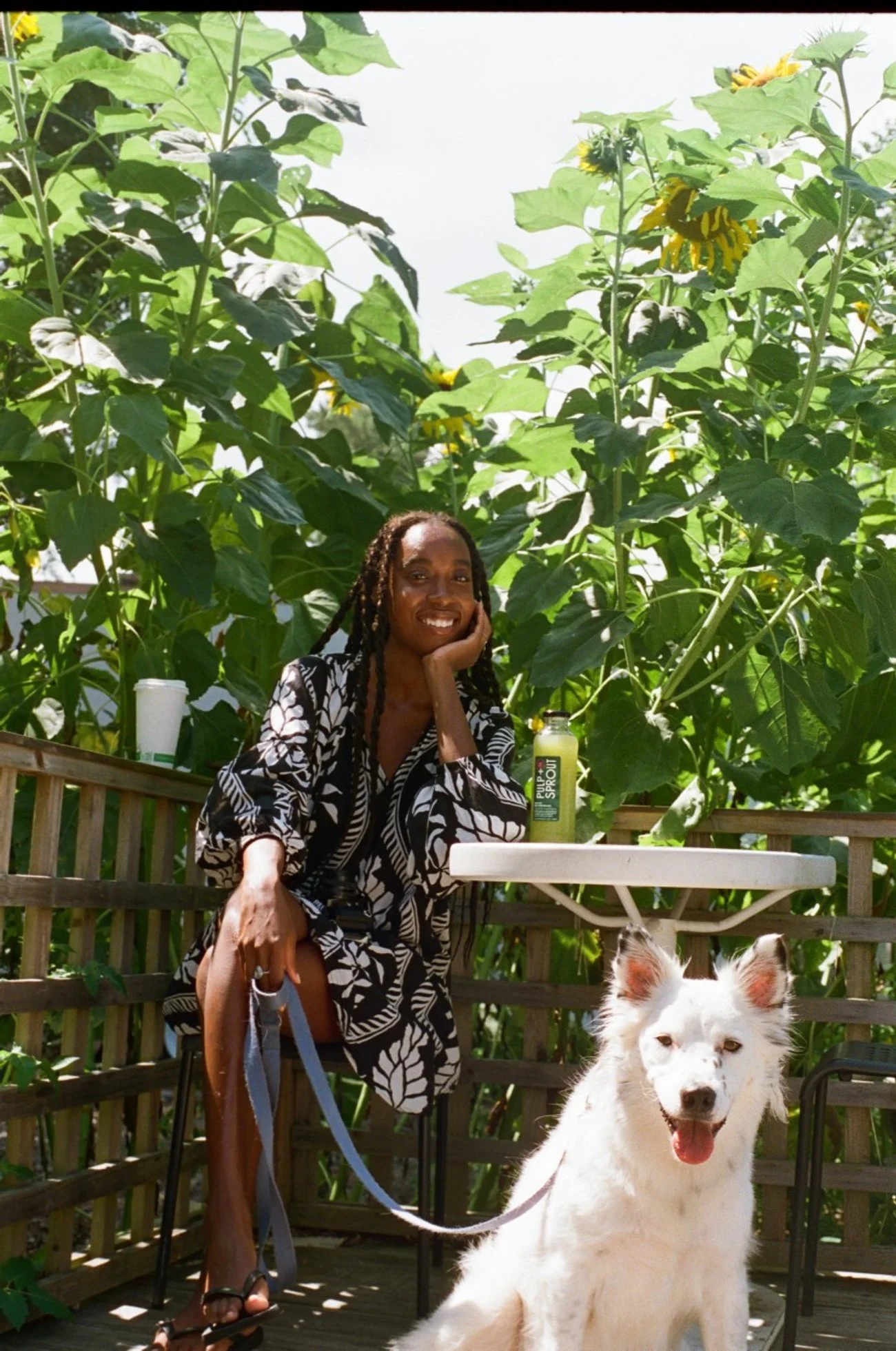 A woman sitting on a chair with a dog at her feet, surrounded by tall sunflower plants, in an outdoor setting.
