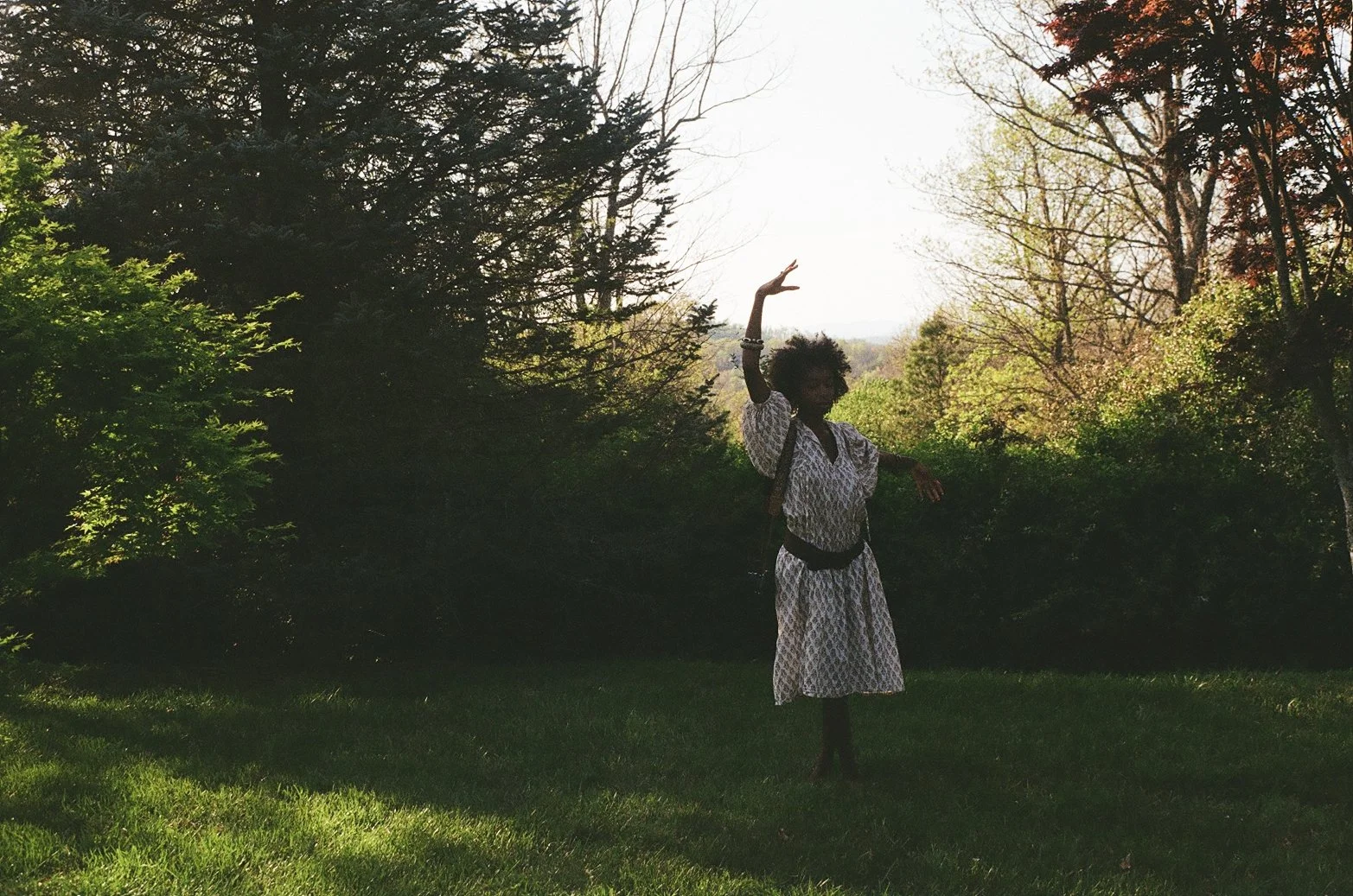 A woman with afro hair stands on grass in a park, waving her right hand in the air. She wears a patterned dress with puffy sleeves and has a dark belt around her waist, with trees and bushes in the background and sunlight overhead.
