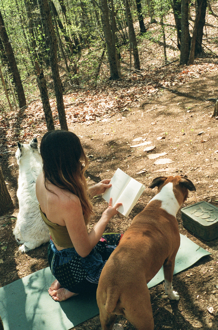 A woman with long hair reading a book on a yoga mat in a wooded outdoor setting, accompanied by a dog and a cat.