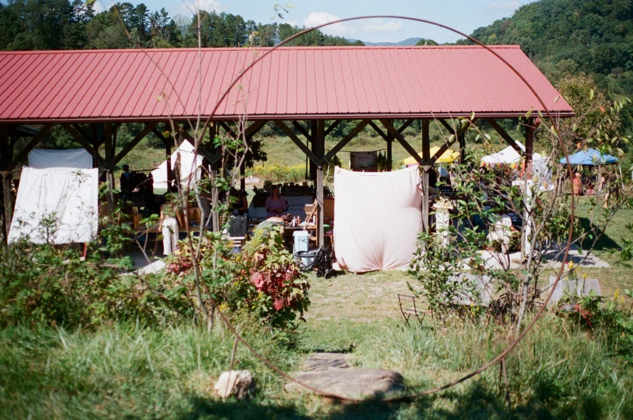 Outdoor market or fair with a wooden pavilion, various tents, and people browsing, surrounded by greenery and mountains in the background.
