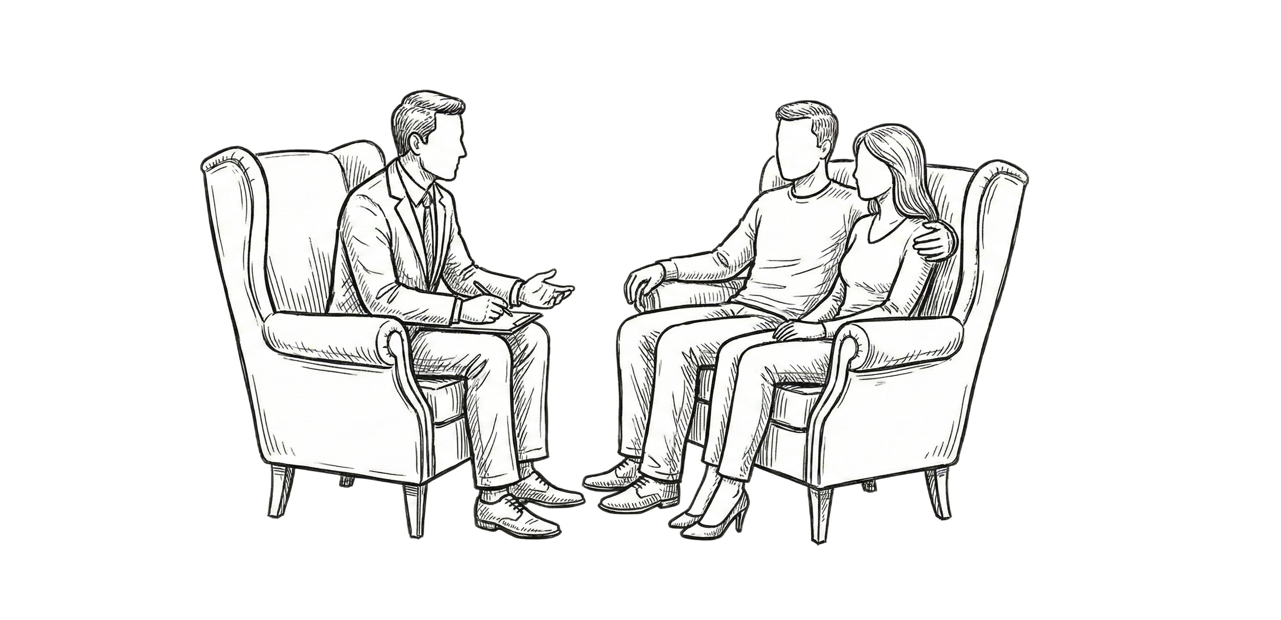 A black and white illustration of a counseling session, featuring a therapist and a couple sitting in comfortable armchairs.