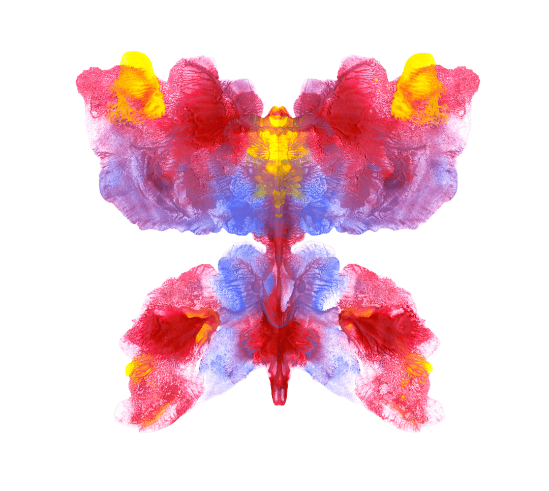 A symmetrical, colorful abstract butterfly shape with pink, yellow, red, blue, and purple hues on a black background.