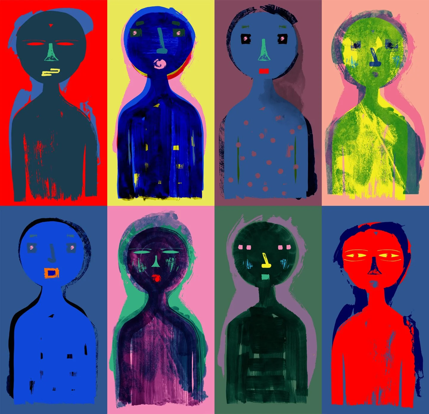 Eight colorful abstract portraits of human figures in two rows, each with different background colors and facial expressions.