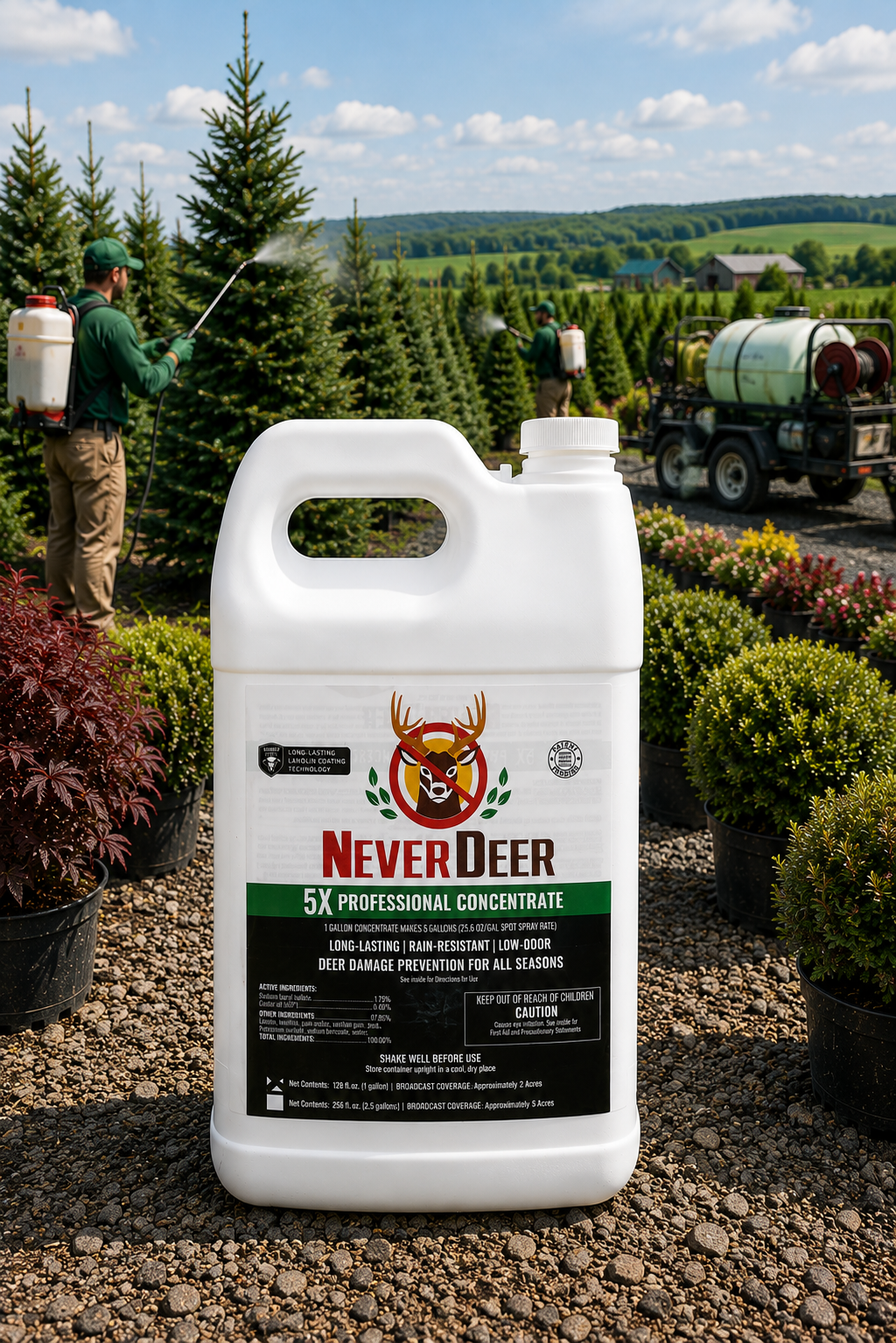 A large container of NeverDeer 5X professional concentrate deer repellent in the foreground with a farmland scene of worker spraying trees in the background.