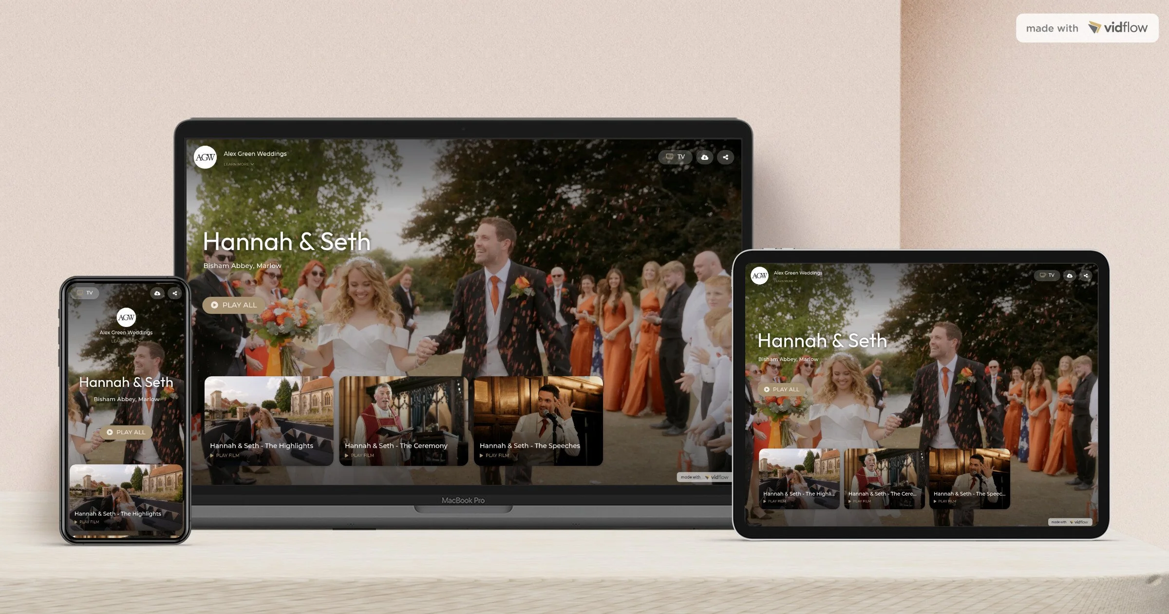 A wedding video platform displayed on a smartphone, tablet, and laptop, showing a wedding scene with a bride and groom walking hand in hand, surrounded by friends and family outdoors.