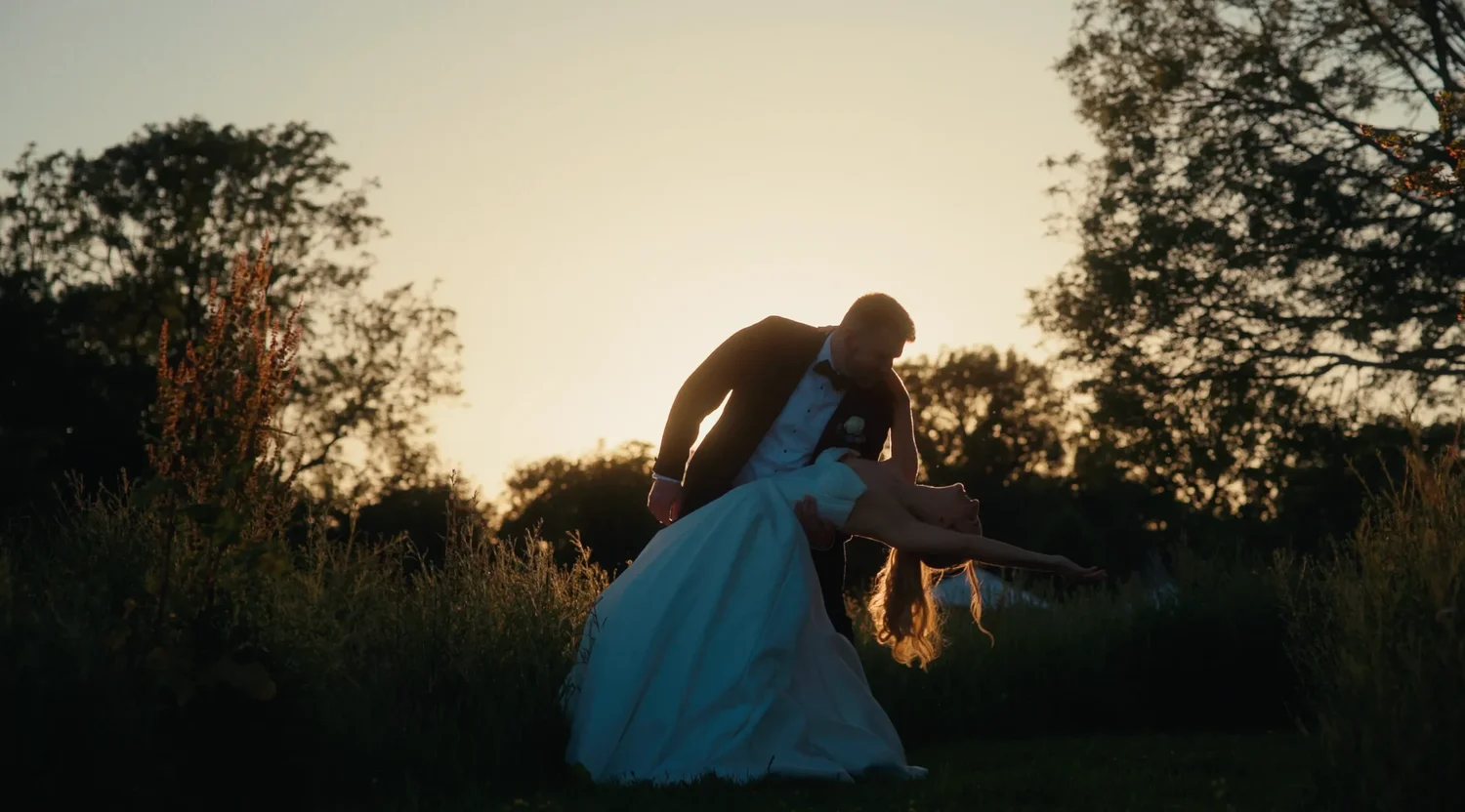 Emily and Ryan photographed at sunset during golden hour at Rackleys
