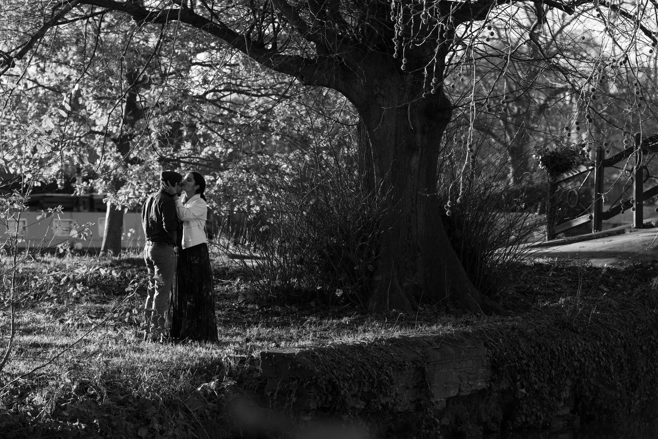 A black and white photo of a couple kissing under a large tree
