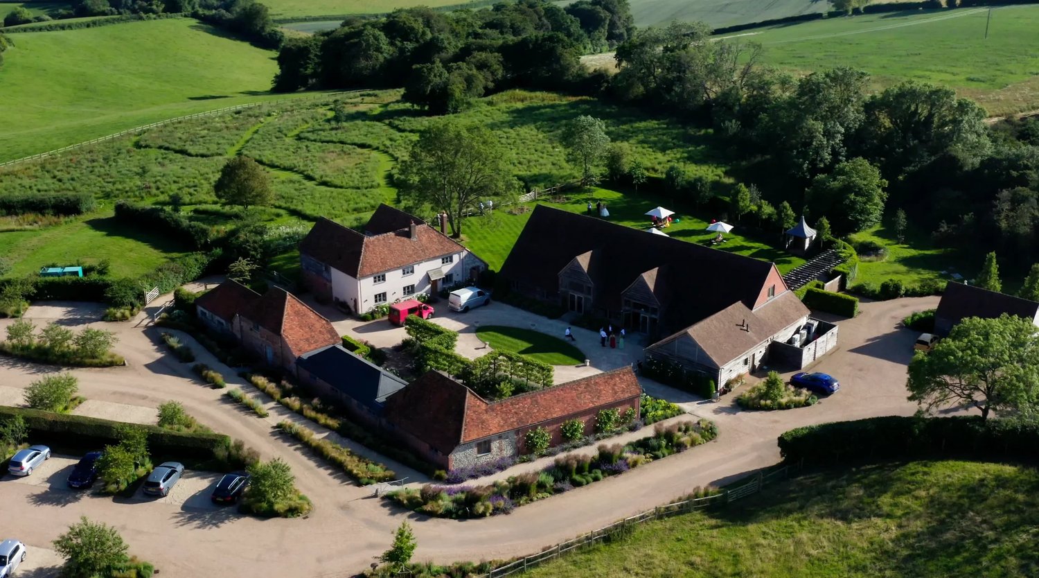 Drone view of Rackleys Chiltern Hills wedding venue near Cadmore End