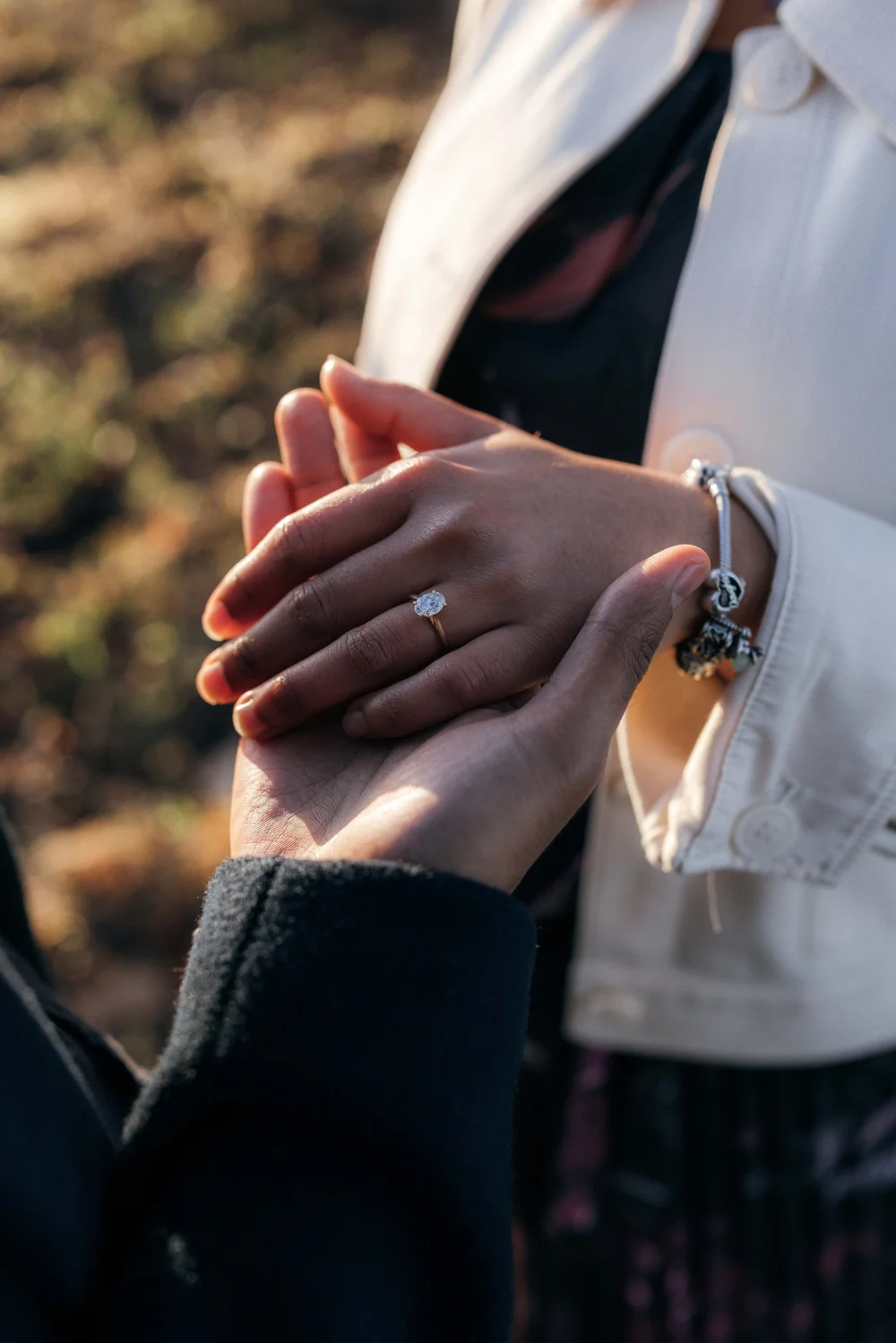 The engagement ring on the couple’s hands