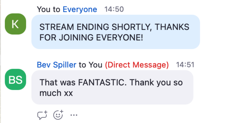 A screenshot of a chat conversation with messages from two users discussing the end of a wedding live stream and expressing gratitude.