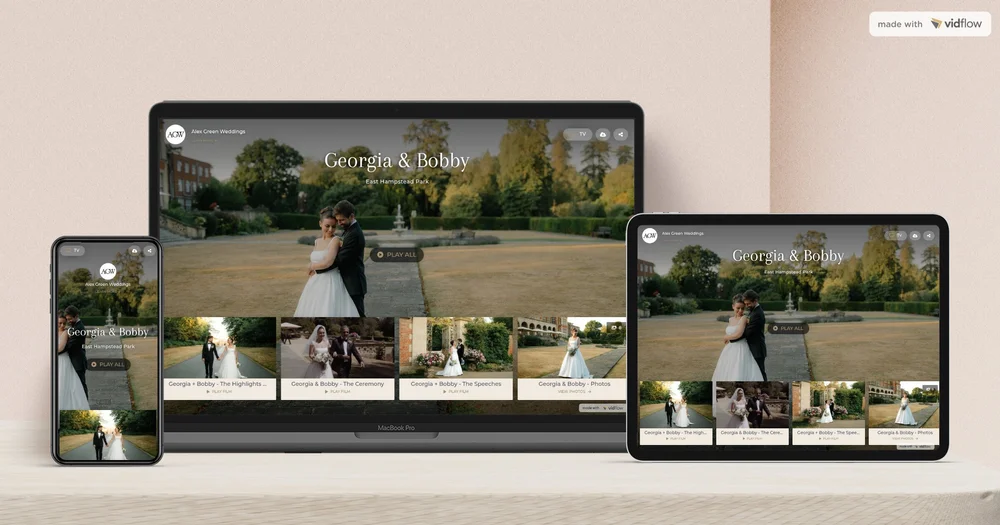 Alex Green Weddings online gallery shown on a phone, tablet and laptop