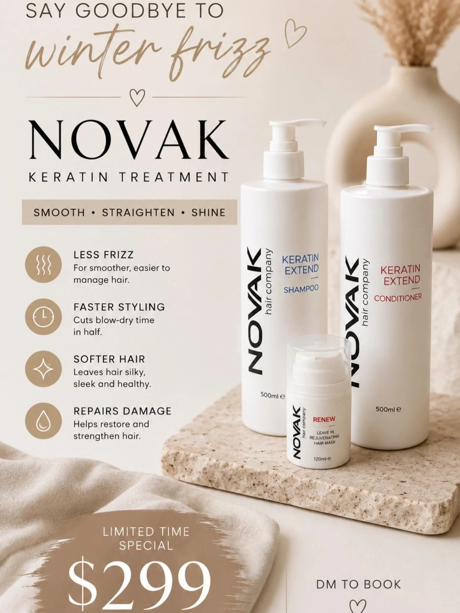 Winter hair doesn&rsquo;t have to mean frizz, fluff and spending half your morning with a straightener. 🤍

The Novak Keratin Smoothing &amp; Straightening Treatment is designed to smooth, soften and strengthen your hair while cutting down styling ti