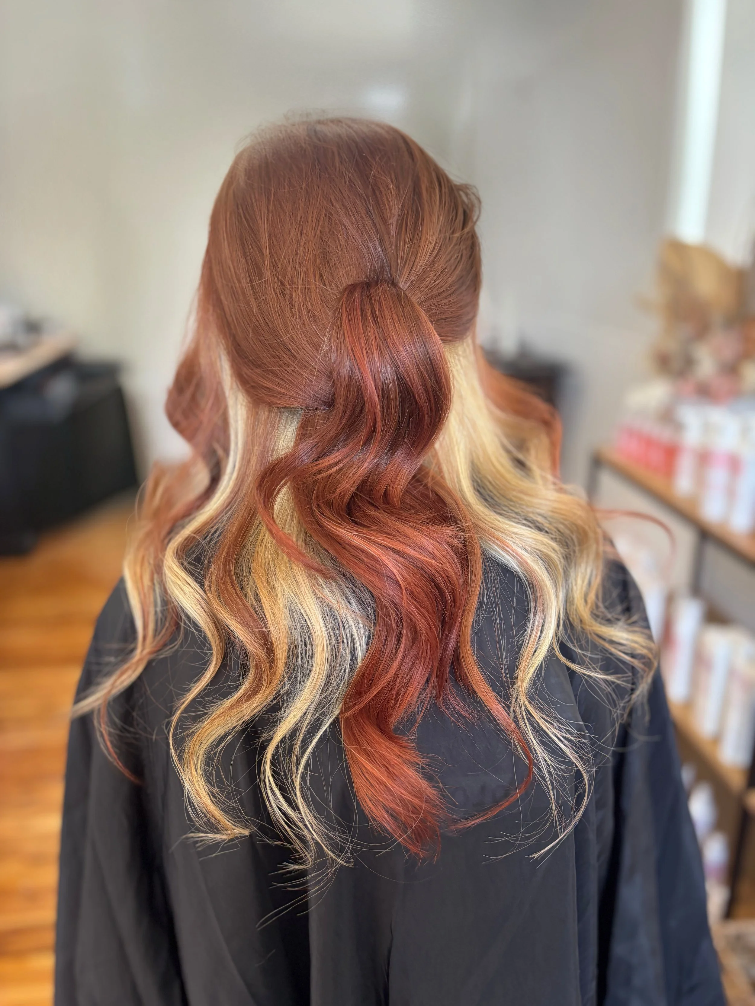 Back view of a person's head with wavy, multi-colored hair in shades of brown, blonde, and red.