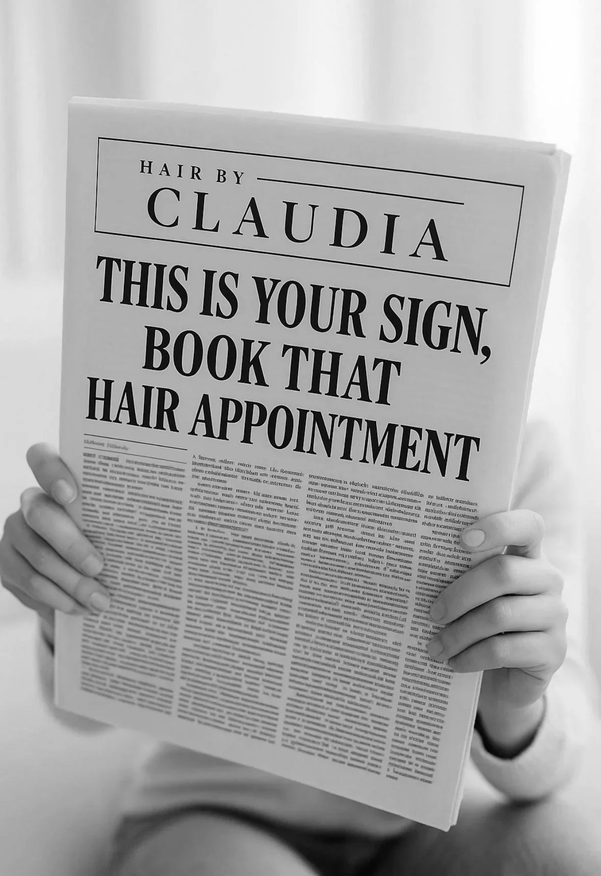 Person holding a newspaper with large text advertising hair appointments by Claudia.