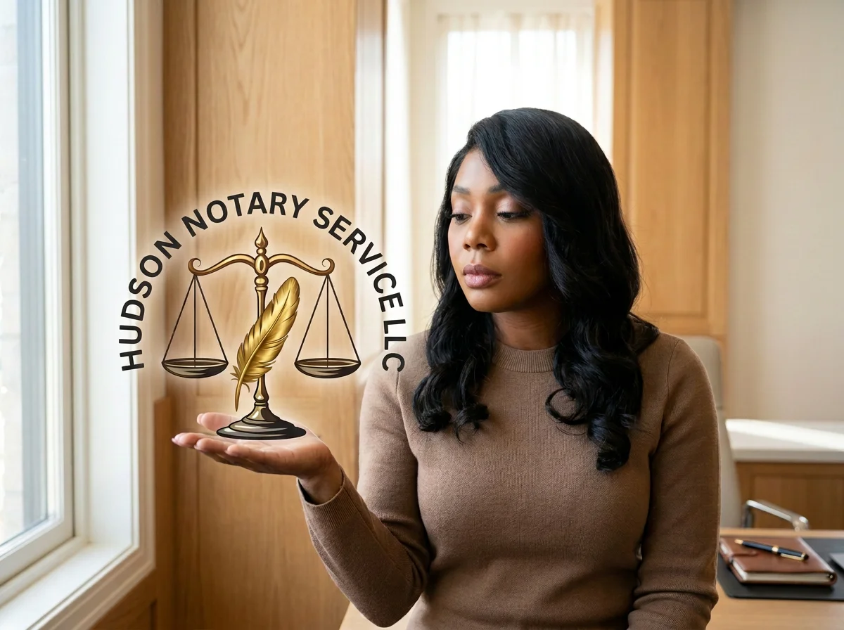 Woman holding a scales of justice and quill logo for Hudson Notary Service LLC